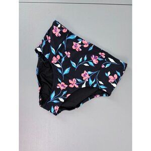 Lands' End women's 6‎ black pink floral high waisted swim bikini bottoms NWOT